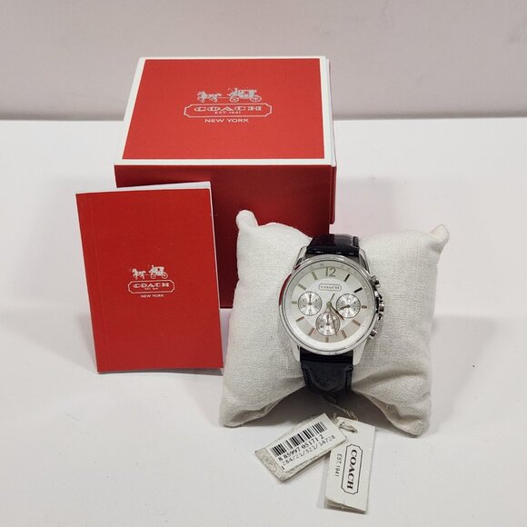 NIB Vintage Coach Chronograph Watch Stainless W/Blk Patent Leather Band - Picture 1 of 9